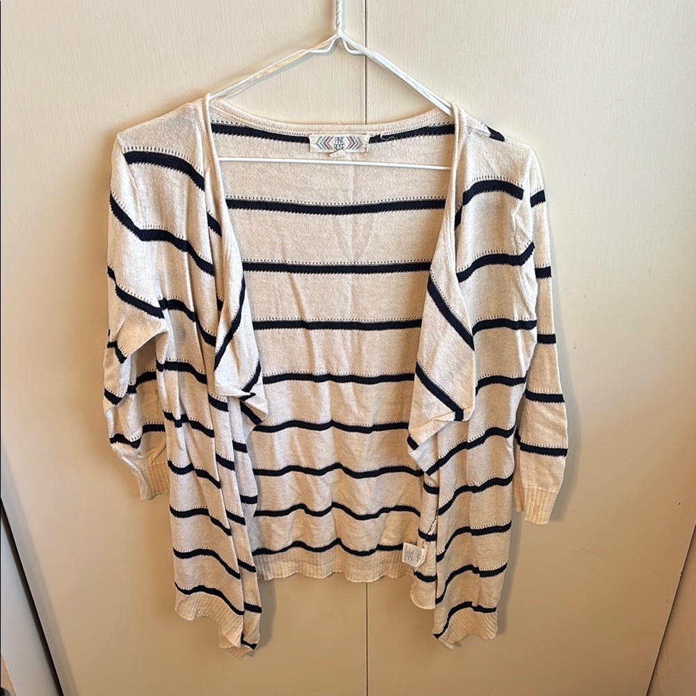 Pink Rose Women’s Small Striped Navy and Cream Cotton 3/4 Sleeve Cardigan